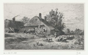 Hirte mit Herde auf einem Weg an einem Bauernhof vorbei von Charles Emile Jacque