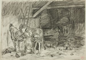 Innenansicht einer Schmiede (recto); Mann, der sich bückt, von hinten gesehen (verso)