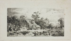 Landschaft mit strohgedeckten Hütten von Charles Emile Jacque