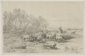 Landschaft mit einer Schafherde, 1800er von Charles Emile Jacque