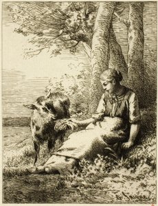 Hirte mit Schafherde am Waldrand