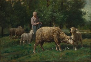 Hirtin mit Schafen, um 1876 von Charles Emile Jacque