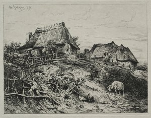 Zwei Hütten auf einem Ufer