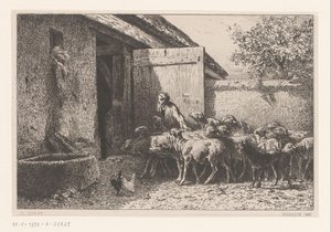 Frau, die Schafe in den Stall führt von Charles Emile Jacque