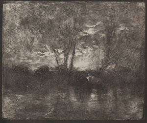 Kühe an einer Tränke, Originaldruck 1862, gedruckt 1921