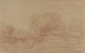 Landschaft mit grasenden und trinkenden Kühen und einem zuschauenden Stier von Charles Francois Daubigny