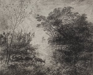 Hirsche, Originaldruck 1862, gedruckt 1921 von Charles Francois Daubigny