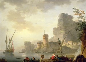 Eine Mittelmeerhafen-Szene bei Sonnenuntergang von Charles Francois Lacroix de Marseille