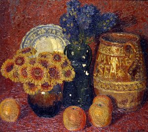 Stillleben: Blumen, Keramik und Äpfel von Charles Ginner