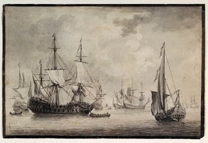 Niederländisches Kriegsschiff, Staatsyacht und ferne Schiffe in einem Hafen, spätes 18. Jahrhundert von Charles Gore