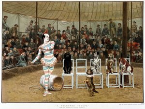 Die gelehrten Hunde: Zirkusszene mit Clown und Hunden - nach Charles Green, englisches Chromo 1885 von Charles Green