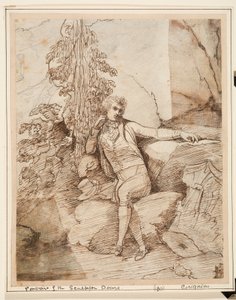 John Deare sitzt auf einem Felsen mit gekreuzten Beinen, vor Bäumen, mit seinem Zylinder neben sich von Charles Grignion