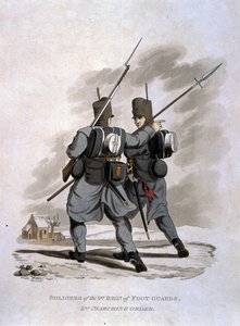 Soldaten des 1. Regiments der Fußgardisten in Marschordnung, aus 