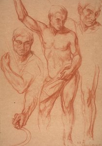 Studie einer männlichen Figur mit Nachstudien von Kopf, Armen, Schulter und Bein (Skizzen für das Mittelpanel von "Herbst"), 8. April