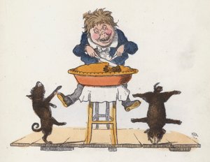 Junge isst einen Kuchen, während sein Haustierhund akrobatische Kunststücke vorführt (farbige Gravur) von Charles Henry (after) Bennett