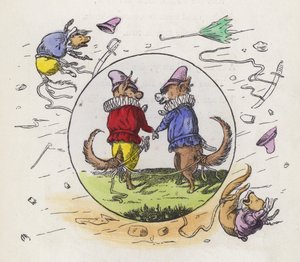 Zwei Hunde in Tudor-Kostümen bei einem Spaziergang an einem windigen Tag mit zusammengebundenen Schwänzen, um nicht weggeweht zu werden (farbige Gravur) von Charles Henry (after) Bennett