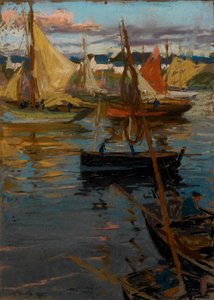 Ein Abendglühen mit einer Rosenspur im Schatten (Boote Concarneau) von Charles Henry Fromuth
