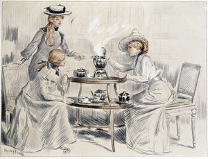 Damen trinken Tee um einen kleinen Samowar - Zeichnung von Henri Tenré, ca. 1910 von Charles Henry Tenre