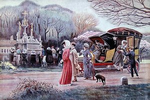 Reisende halten an, um vor einem Wegkreuz in der Bretagne am Ostertag zu beten von Charles Henry Tenre