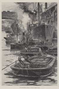 Der Streik der Leichterleute, eine Szene am Fresh Wharf von Charles John de Lacy