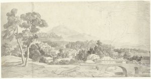 Landschaft mit einer Stadt bei einer Brücke von Charles Joseph Natoire (attributed to)