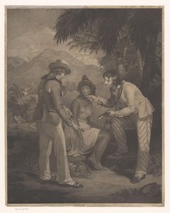 Zwei britische Matrosen bieten einer indischen Frau eine Uhr und einen Spiegel für Obst an von Charles Knight