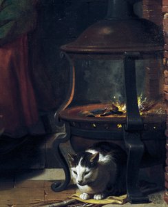 Katze unter brennendem Kohlenbecken, Detail aus dem schlafenden Jesuskind, Gemälde von Charles Le Brun (Detail) von Charles Le Brun