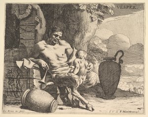 Abend: ein sitzender Satyr umarmt sein Kind, eine Figur hängt einen Kranz an einen Pfeiler von Charles Le Brun