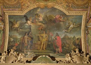 König Ludwig XIV. (1638-1715) gibt den Befehl, gleichzeitig vier der stärksten niederländischen Positionen anzugreifen, Deckenmalerei aus der Galerie des Glaces von Charles Le Brun