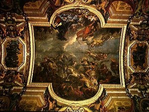 Ansicht des Königs, der Maastricht in dreizehn Tagen im Jahr 1673 einnimmt und den Rhein in Anwesenheit der Feinde im Jahr 1672 überquert, Deckenmalerei aus der Galerie des Glaces