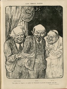 Illustration von Charles Leandre (1862-1934) in Le Rire, 03/06/22 - Die drei Päpste - England Großbritannien, U.S.R., Verifier dates, Reichstag - Lenin, Lloyd George, Pius XI von Charles Leandre