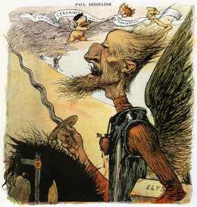 Paul Deroulede (1846-1914), französischer Schriftsteller und nationalistischer Aktivist, eine wichtige Figur im Antidreyfusismus, Karikatur von Charles Leandre als Ritter Don Quixote: Er kämpft gegen Windmühlen und trägt unter dem Arm einen Koffer mit der 