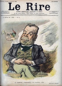 Die berühmte Trompete von Poppy Aine - Porträt von Constant Poppy genannt der Ältere Poppy (1841-1904) - Karikatur von Charles Leandre (1862-1934) in „The Laughter“ vom 12. Februar