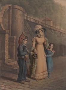 Junge mit einem Affen auf der Schulter, der Münzen von einer Mutter und Tochter erhält von Charles Louis Constans