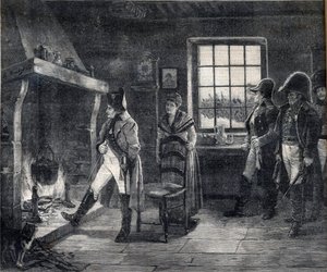 Kaiser Napoleon I. wärmt sich an einem Holzfeuer in einer Schneelandschaft - Napoleon nach der Schlacht von Waterloo im Jahr 1814 - Gravur nach dem Gemälde von Charles Louis Kratke (1848-1921)