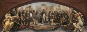 Skizze für den Denon-Pavillon im Louvre: Die vier künstlerischen Zeitalter Frankreichs - Präsentation der Pläne an Napoleon, ca. 1864 von Charles Louis Lucien Muller