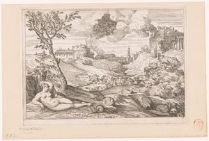 Landschaft mit Andromeda, bewacht vom Drachen, und Perseus, der in einer Wolke heranfliegt von Charles Macé (attributed to)