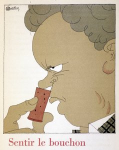 Den Korken fühlen - in „Monseigneur le vin“, Zeichnung von Charles Martin (1884-1934), Heft der Etablissements Nicolas von Charles Martin