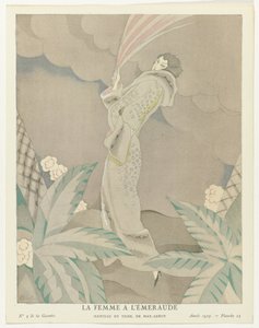 Gazette du Bon Ton 1923, Nr. 5, Pl. 23: Die Frau mit dem Smaragd - Mantel aus Tigerfell, von Max-Leroy