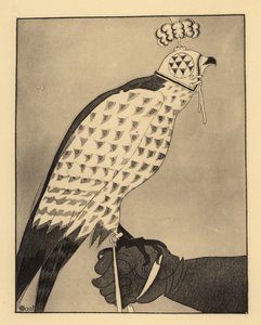 Jagdfalke mit Haube auf dem Handschuh eines Falkners