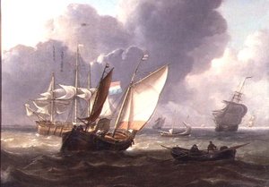 Niederländische Dreimaster und kleine Boote in einer Dünung von Charles Martin Powell