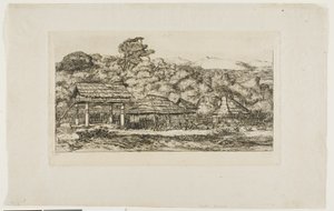 Einheimische Scheunen und Hütten in Akaroa, Banks-Halbinsel, 1845