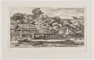 Einheimische Scheunen und Hütten in Akaroa, Banks-Halbinsel, 1845