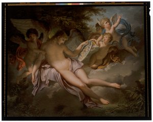 Amor weint über den Verlust von Psyche, deren Porträt er in den Händen hält von Charles Meynier