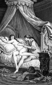 Illustration für „Gefährliche Liebschaften“ von Choderlos de Laclos. Gravur von Charles Monnet (1732 - 1808): Valmont schreibt einen Brief auf dem Rücken von Emilie (einer Kurtisane)