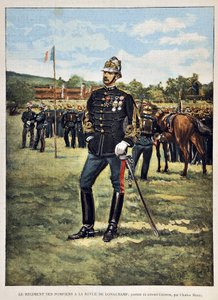 Das Feuerwehrregiment hat das Longchamps-Magazin (Porträt von Oberst Couston), Illustration von Charles Morel (1861-1908). Gravur von 1887 in „Paris-Illustrous journal weekly“. von Charles Morel