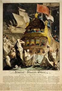 Der Geist von Admiral Hosier, das Bild zeigt ein Schiff, umgeben von Geistern in Leichentüchern, mit den Befestigungen eines Hafens von Charles Mosley