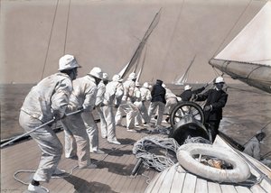 Das Hissen des Hauptsegels an Bord der Brynhild, einem Rennboot, Gewinner des Königspokals
