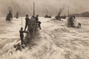 Neue britische U-Boote verlassen Milford Haven (England), um in Aktion zu treten. Zeichnung und Waschung von Charles M. Padday, frühes 20. Jahrhundert