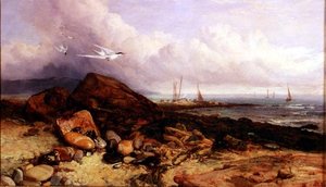 Küstenszene mit Fischerboot und Seeschwalben von Charles Napier Hemy